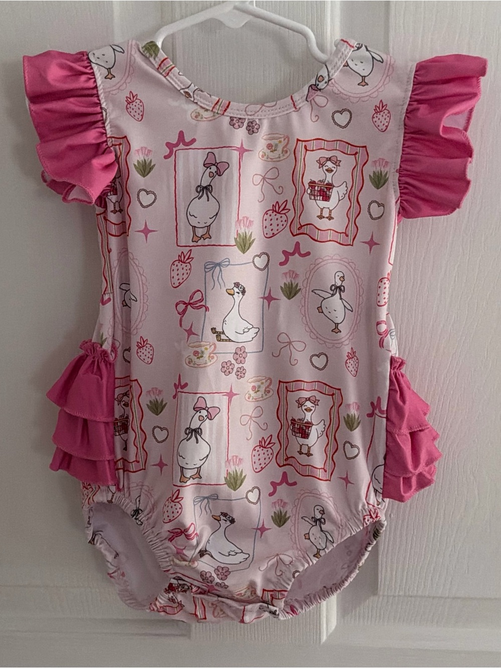 Pink Ruffle Goose-Print One-Piece Romper